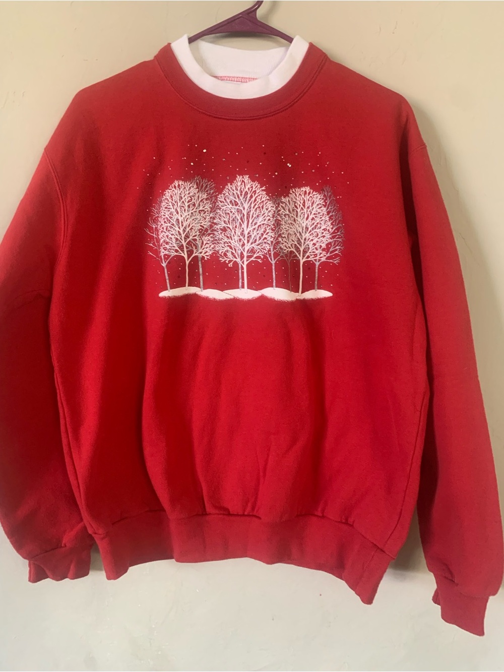 Women's Red Crewneck Sweatshirt with White Winter Tree Graphic